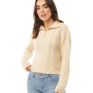 Brave Soul London Ivory V Neck Long Sleeve Knit Pullover Sweater Semi-Crop Sz M